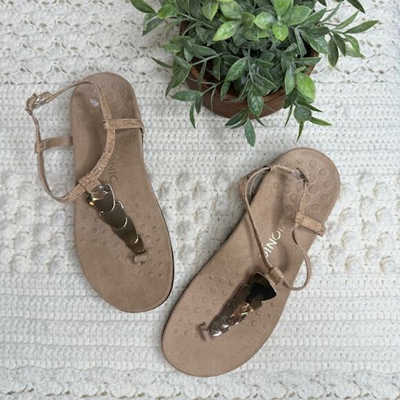 VIONIC Women's 9 Rest Miami Supportive Sandal Thong Ankle Strap Tan Gold Cork - Picture 11 of 12